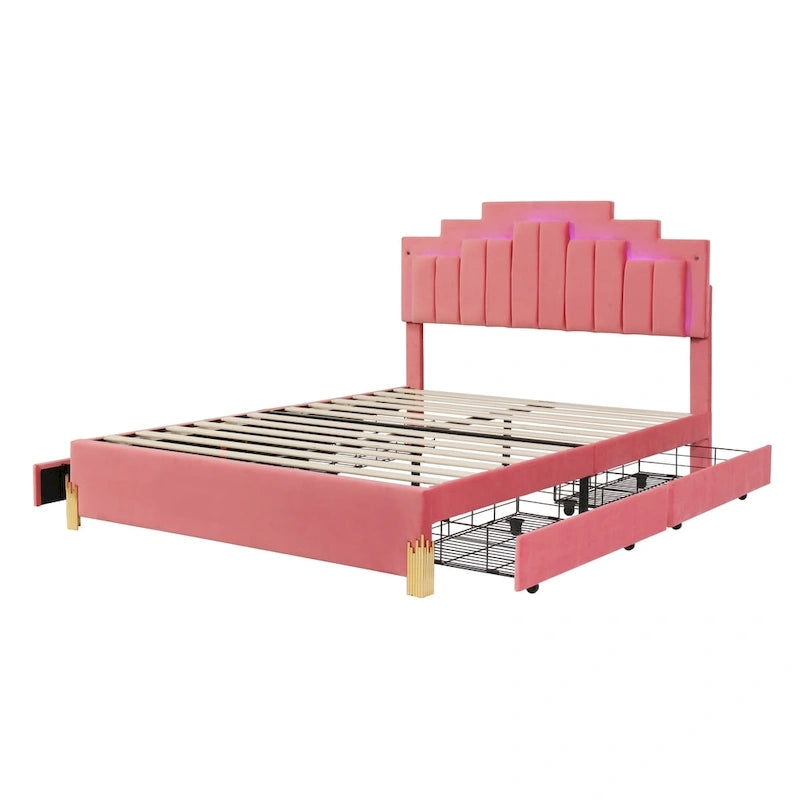 Queen Size Upholstered Platform Bed with LED Lights and 4 Drawers