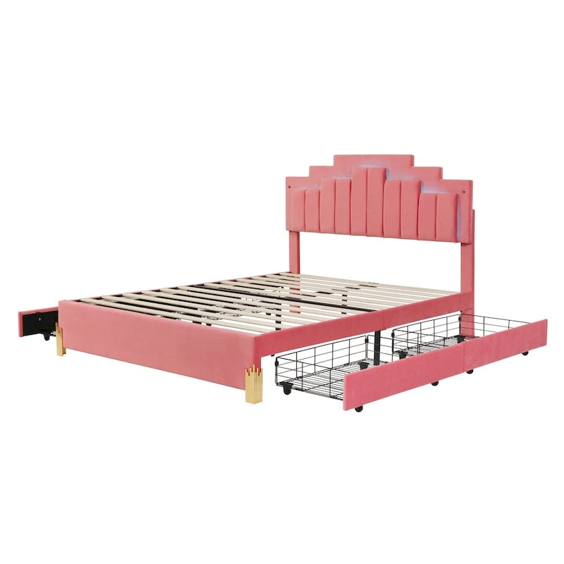 Queen Size Upholstered Platform Bed with LED Lights and 4 Drawers