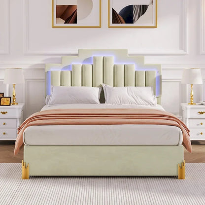 Queen Size Upholstered Platform Bed with LED Lights and 4 Drawers