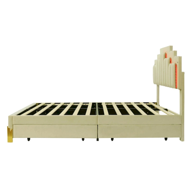 Queen Size Upholstered Platform Bed with LED Lights and 4 Drawers