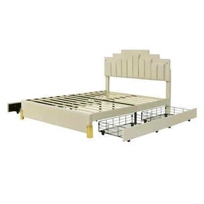 Queen Size Upholstered Platform Bed with LED Lights and 4 Drawers