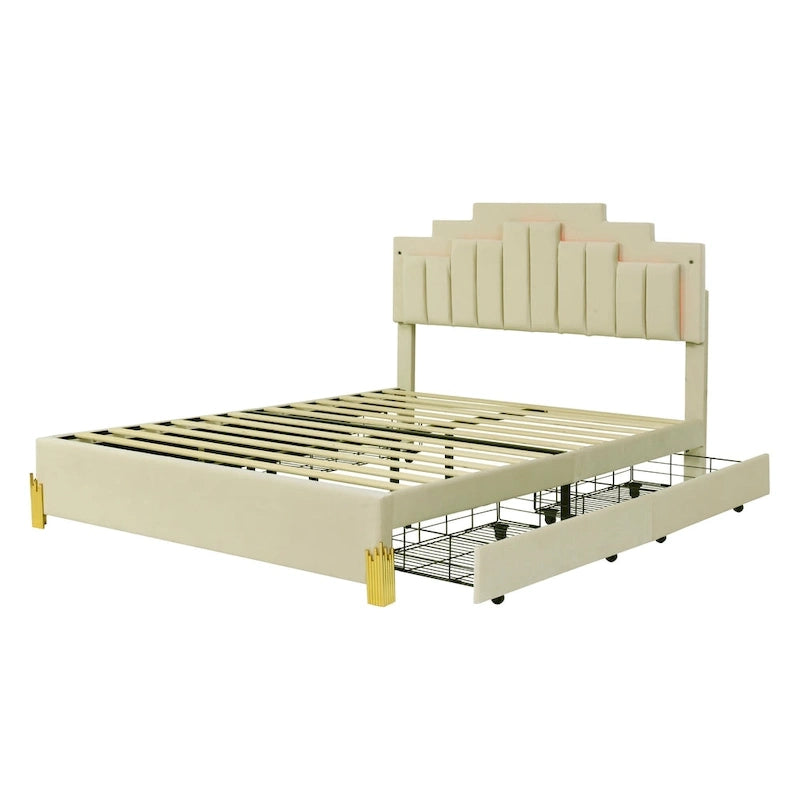 Queen Size Upholstered Platform Bed with LED Lights and 4 Drawers