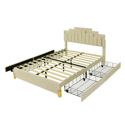 Queen Size Upholstered Platform Bed with LED Lights and 4 Drawers