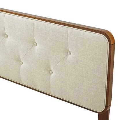 Glendale Traditional Beige Fabric Button Tufted King Walnut Wooden Headboard