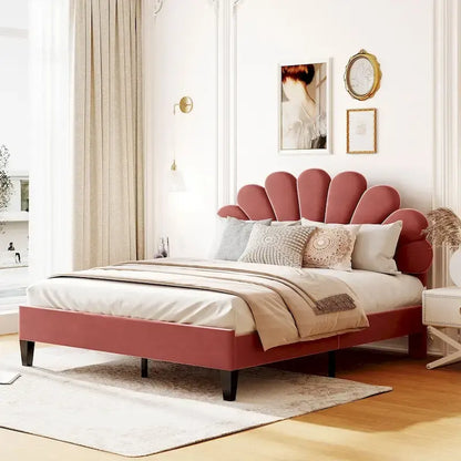 Queen Size Upholstered Platform Bed with Flower Pattern