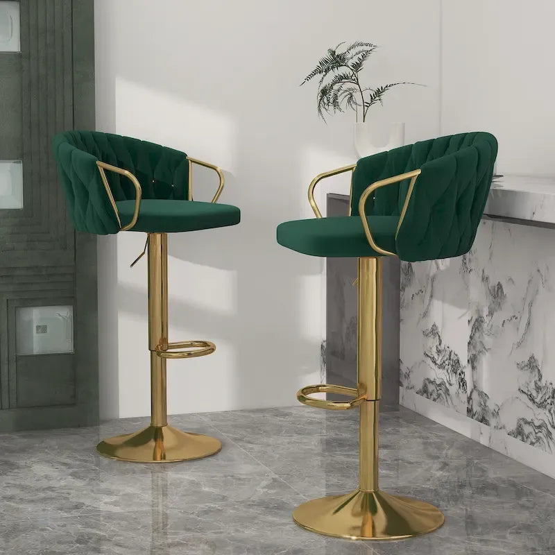 Set of 2 Bar Stool Adjustable Height Swivel Velvet Woven