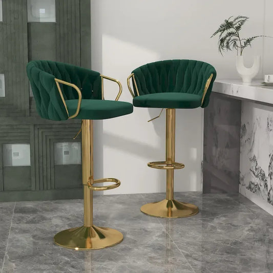Set of 2 Bar Stool Adjustable Height Swivel Velvet Woven