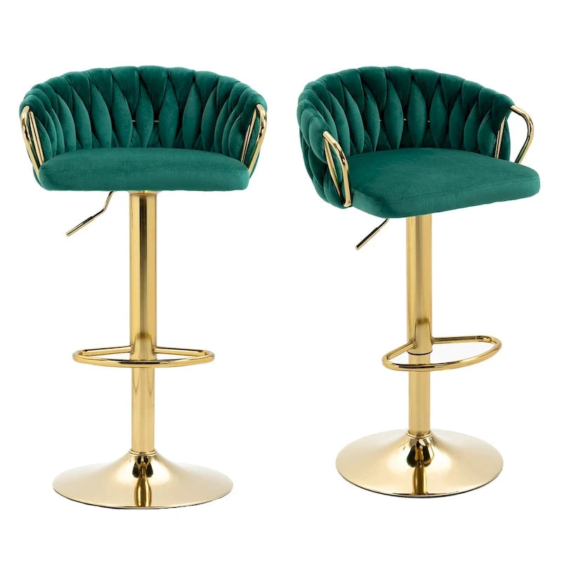 Set of 2 Bar Stool Adjustable Height Swivel Velvet Woven