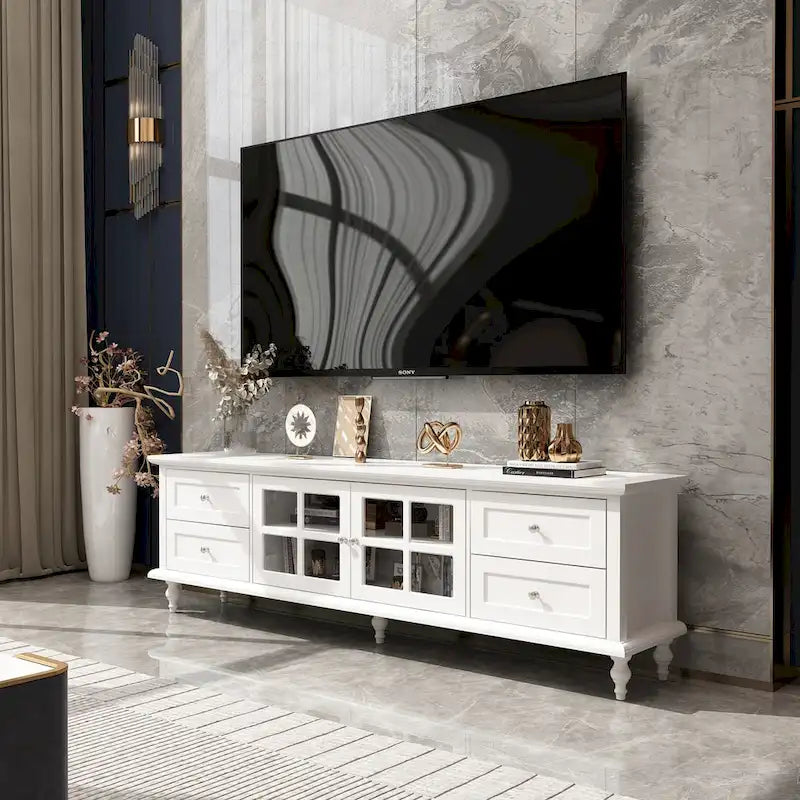 Modern White TV Stand w/Glass Doors and Drawers Entertainment Console - 70.9