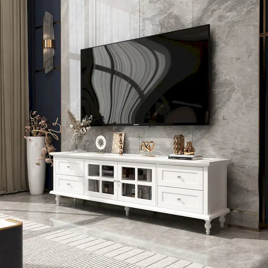 Modern White TV Stand w/Glass Doors and Drawers Entertainment Console - 70.9