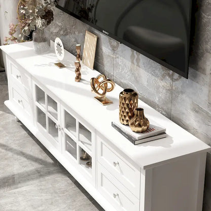 Modern White TV Stand w/Glass Doors and Drawers Entertainment Console - 70.9