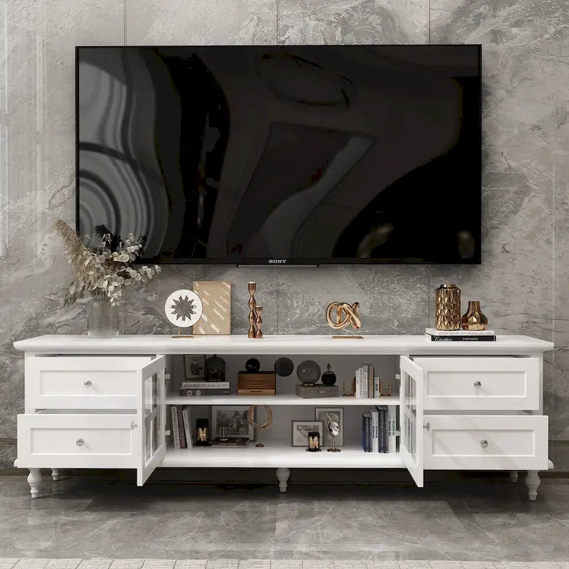 Modern White TV Stand w/Glass Doors and Drawers Entertainment Console - 70.9