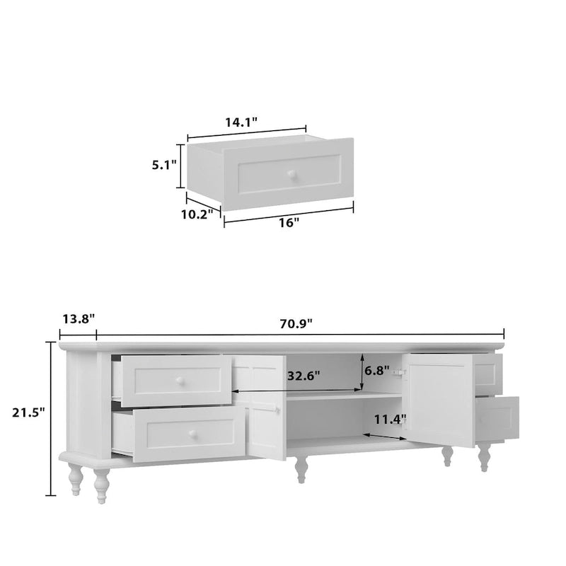 Modern White TV Stand w/Glass Doors and Drawers Entertainment Console - 70.9