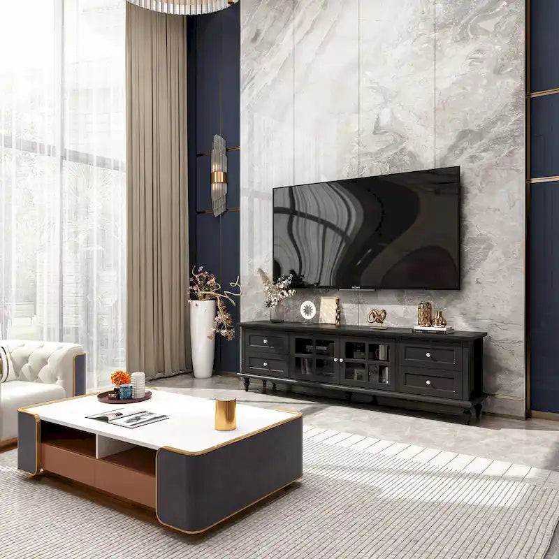 Modern White TV Stand w/Glass Doors and Drawers Entertainment Console - 70.9