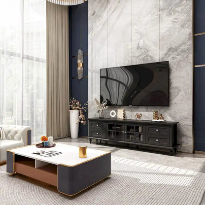 Modern White TV Stand w/Glass Doors and Drawers Entertainment Console - 70.9