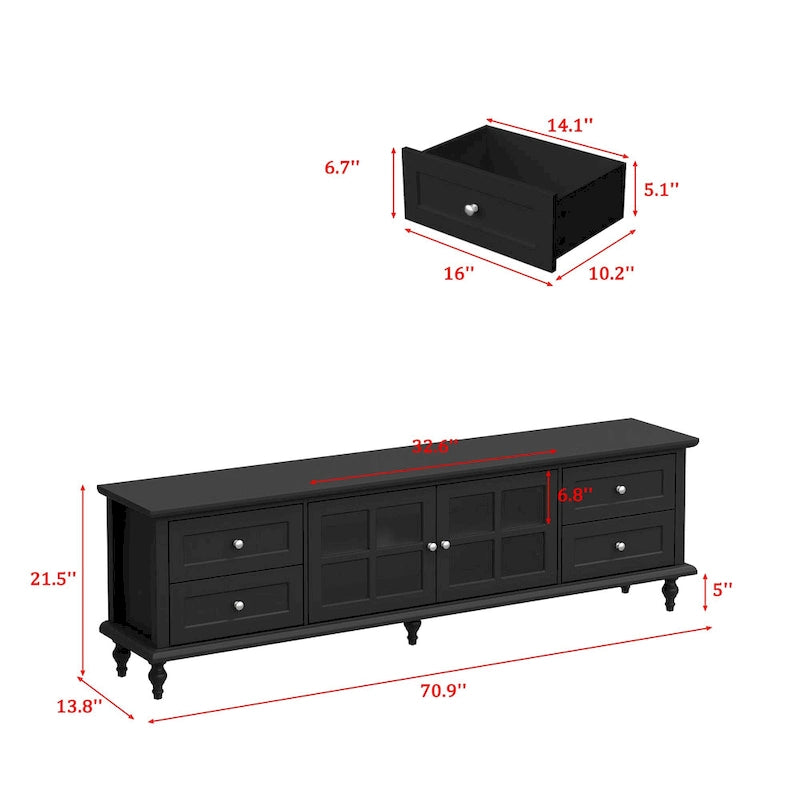Modern White TV Stand w/Glass Doors and Drawers Entertainment Console - 70.9