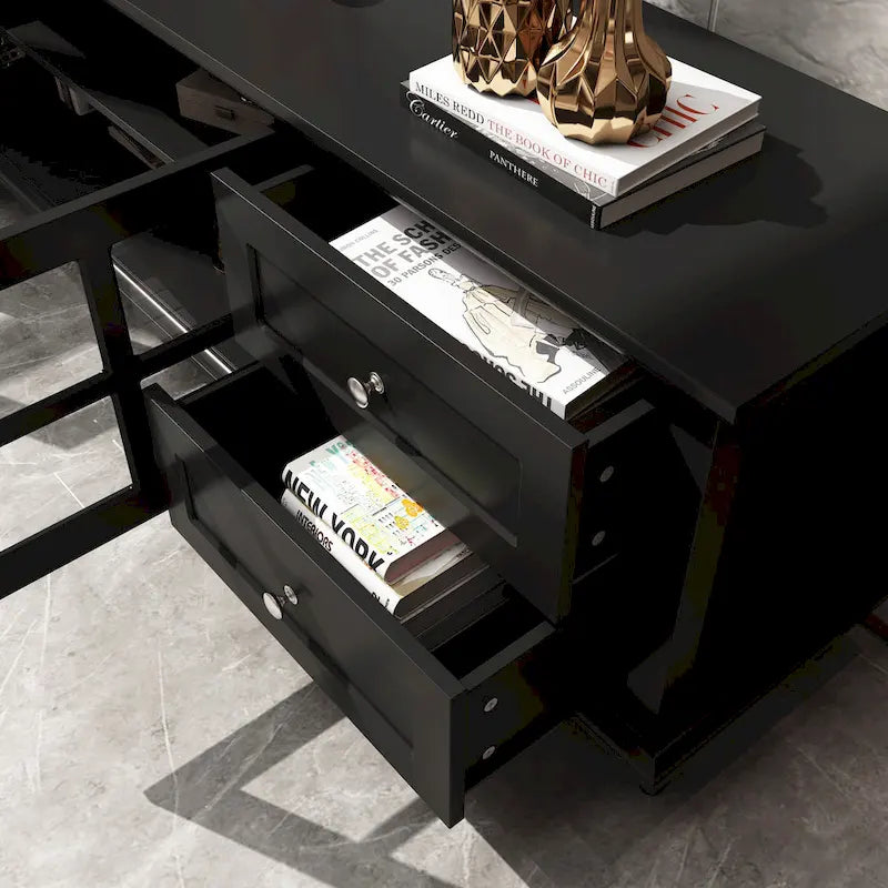 Modern White TV Stand w/Glass Doors and Drawers Entertainment Console - 70.9