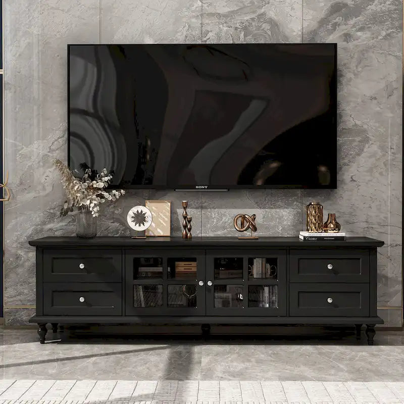 Modern White TV Stand w/Glass Doors and Drawers Entertainment Console - 70.9