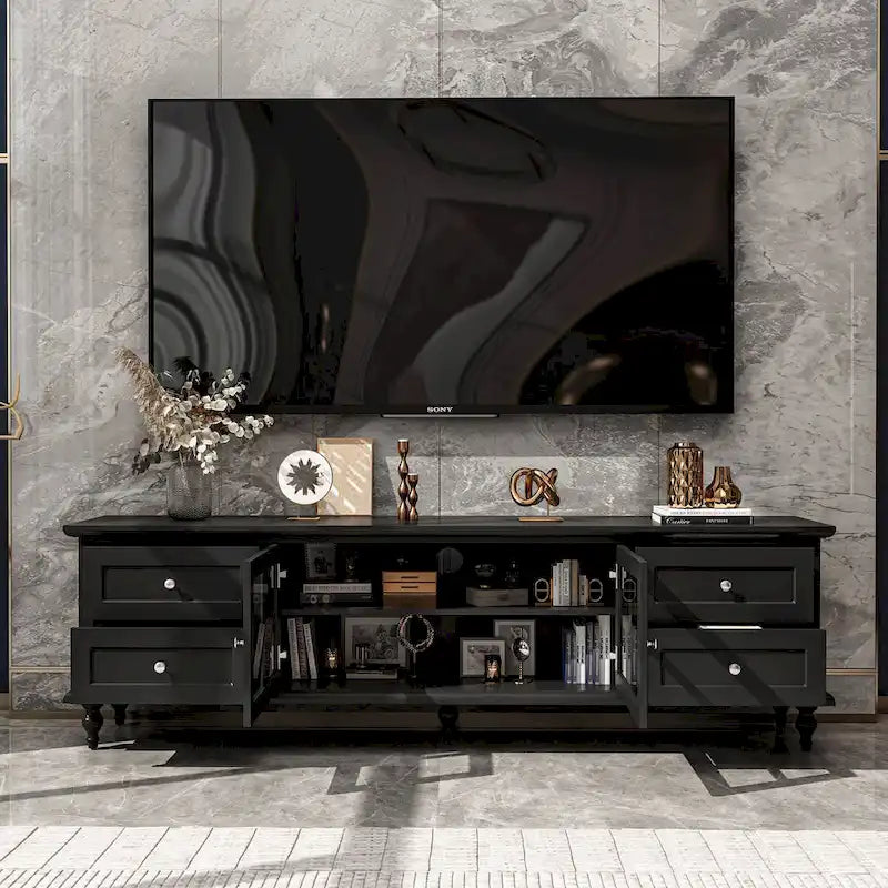 Modern White TV Stand w/Glass Doors and Drawers Entertainment Console - 70.9