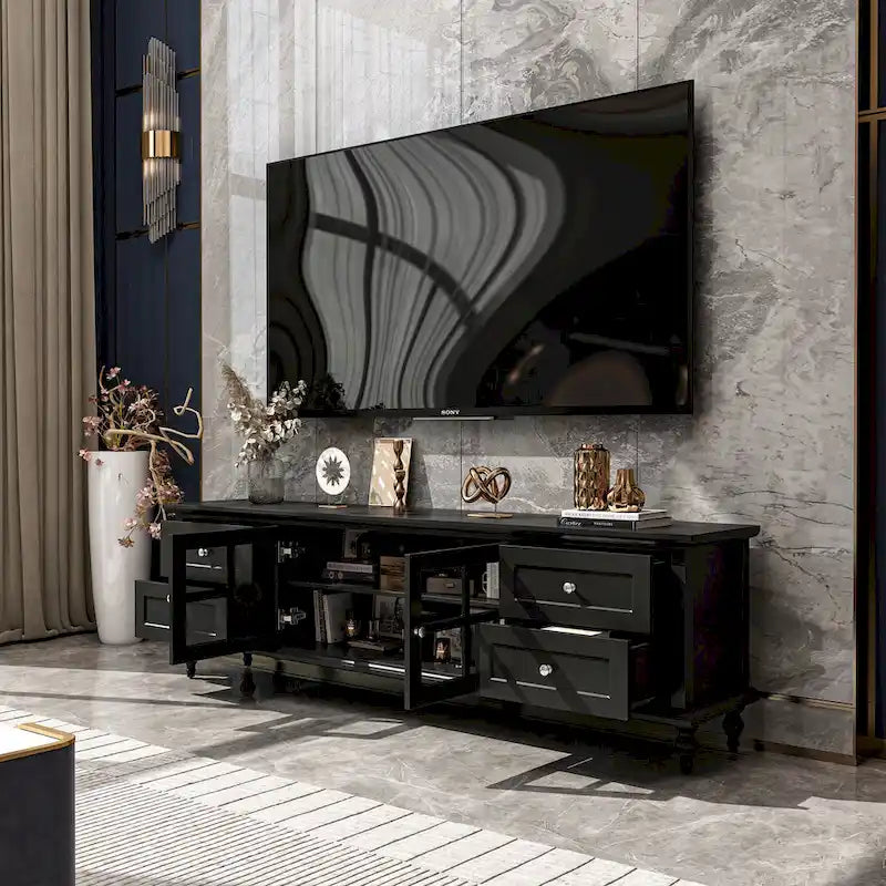 Modern White TV Stand w/Glass Doors and Drawers Entertainment Console - 70.9