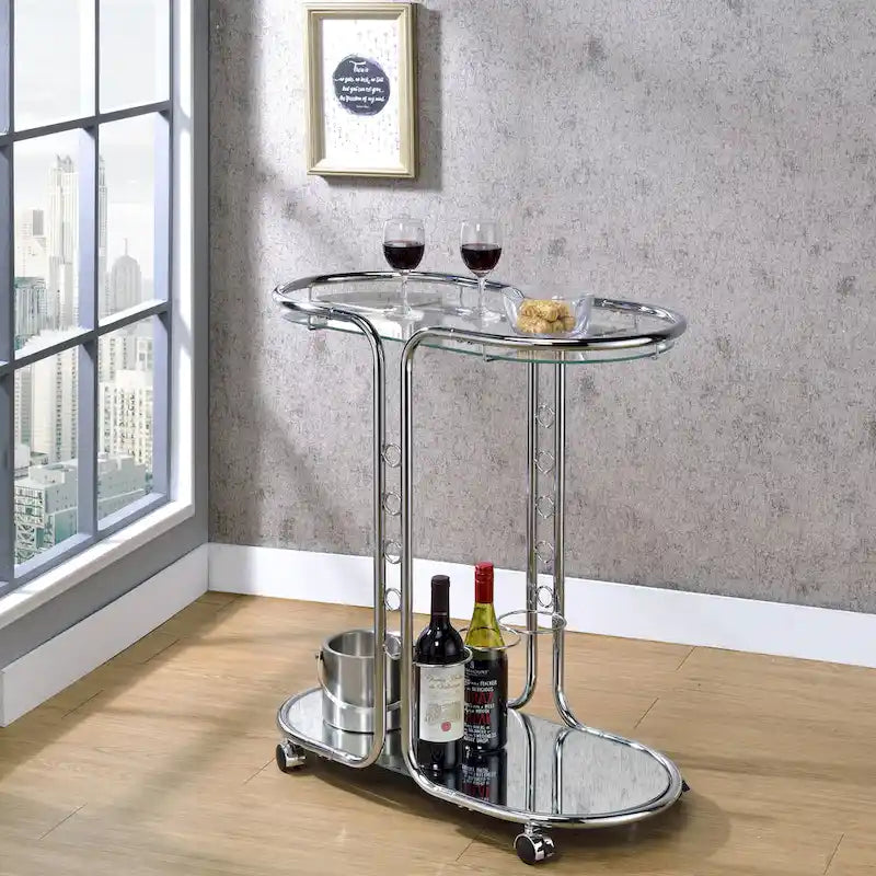 Daxton Modern Chrome Glass Top Serving Cart with Casters by Furniture of America