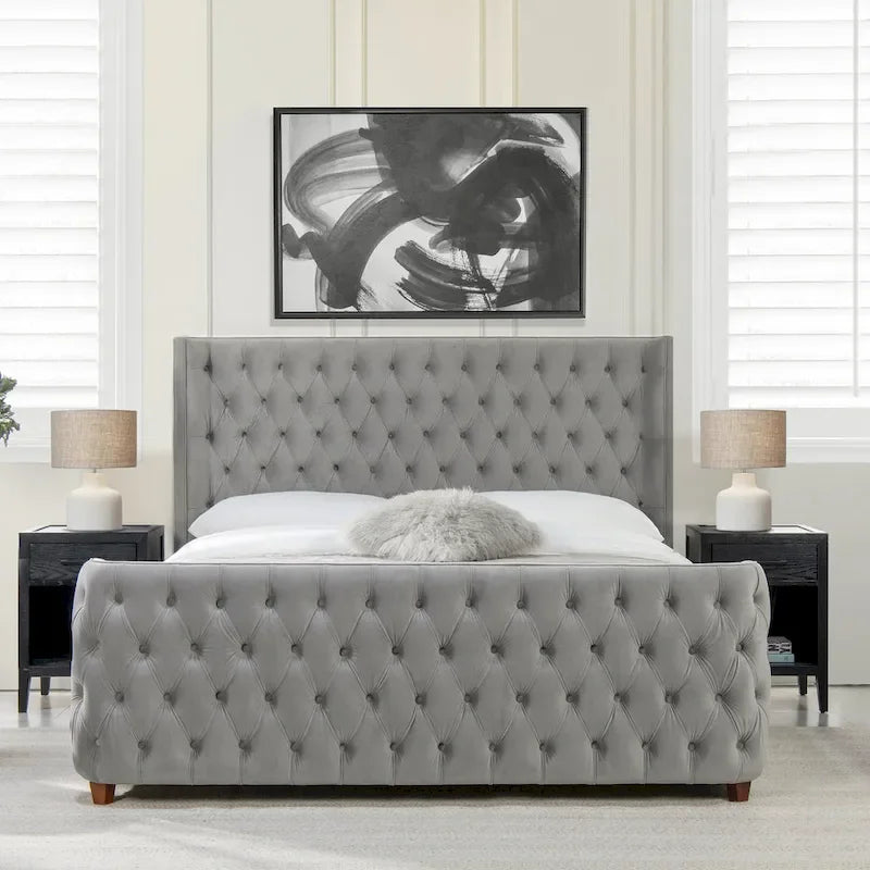 Chateau Velvet Upholstered Tufted Sheltered Panel Bed Set