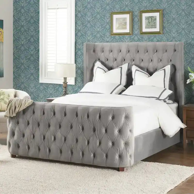 Chateau Velvet Upholstered Tufted Sheltered Panel Bed Set