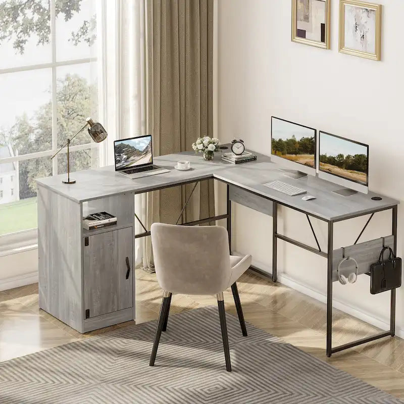 60 L Shaped Desk with Storage Cabinet Office Computer Desk