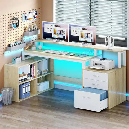 Moasis L Shaped Gaming Desk LED 65 Inch Computer Corner Desk with Monitor Stand and Storage Cabinet