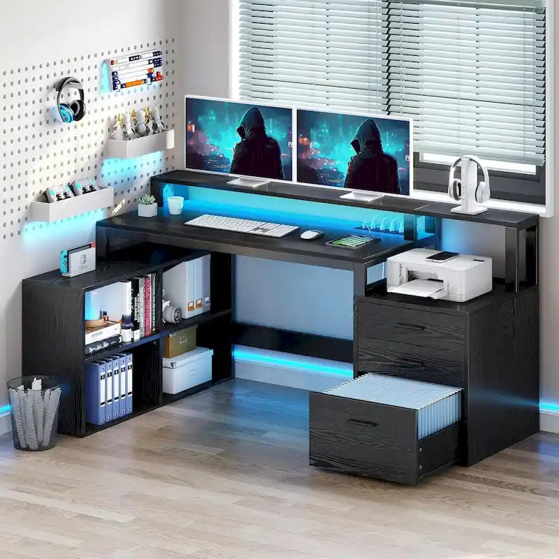 Moasis L Shaped Gaming Desk LED 65 Inch Computer Corner Desk with Monitor Stand and Storage Cabinet