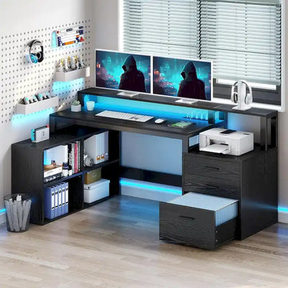 Moasis L Shaped Gaming Desk LED 65 Inch Computer Corner Desk with Monitor Stand and Storage Cabinet