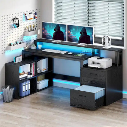 Moasis L Shaped Gaming Desk LED 65 Inch Computer Corner Desk with Monitor Stand and Storage Cabinet