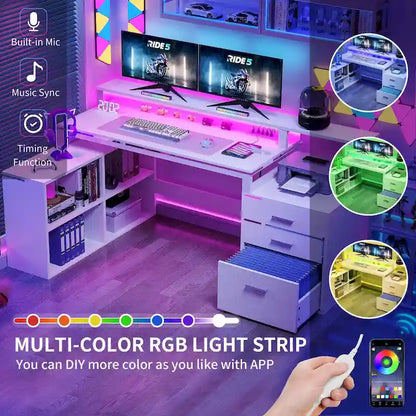 Moasis L Shaped Gaming Desk LED 65 Inch Computer Corner Desk with Monitor Stand and Storage Cabinet