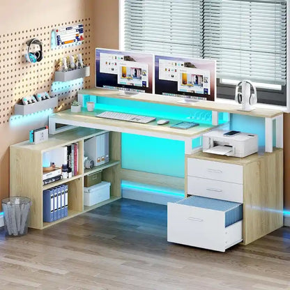 Moasis L Shaped Gaming Desk LED 65 Inch Computer Corner Desk with Monitor Stand and Storage Cabinet