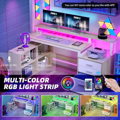 Moasis L Shaped Gaming Desk LED 65 Inch Computer Corner Desk with Monitor Stand and Storage Cabinet