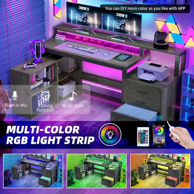 Moasis L Shaped Gaming Desk LED 65 Inch Computer Corner Desk with Monitor Stand and Storage Cabinet