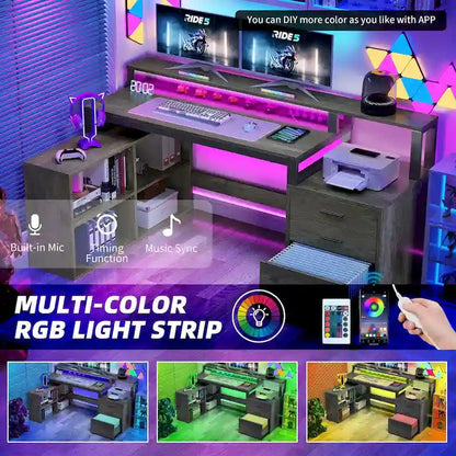 Moasis L Shaped Gaming Desk LED 65 Inch Computer Corner Desk with Monitor Stand and Storage Cabinet