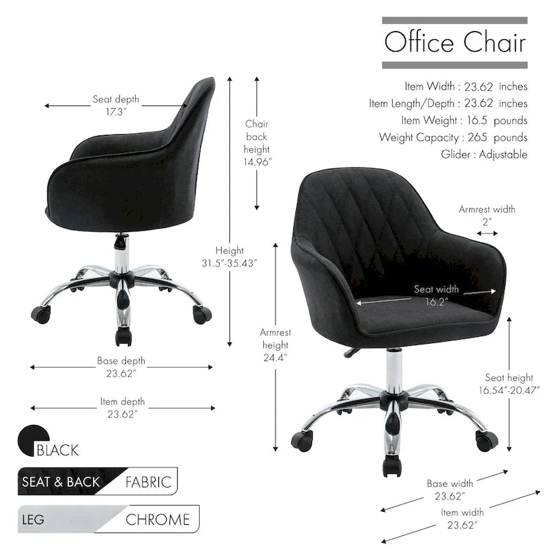 Porthos Home Noa Home Office Desk Chair, Fabric And Roller Wheels