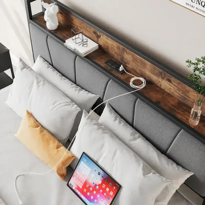 Full Size Bed Storage Headboard with Charging Station