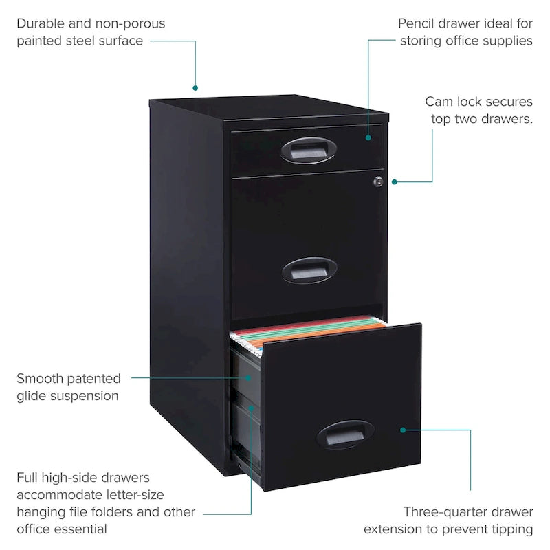 Space Solutions 18in. Deep 3 Drawer Metal Organizer File Cabinet with Pencil Drawer, Black