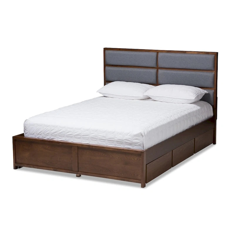 Strick & Bolton Mori Contemporary Grey Fabric and Walnut Wood Storage Bed