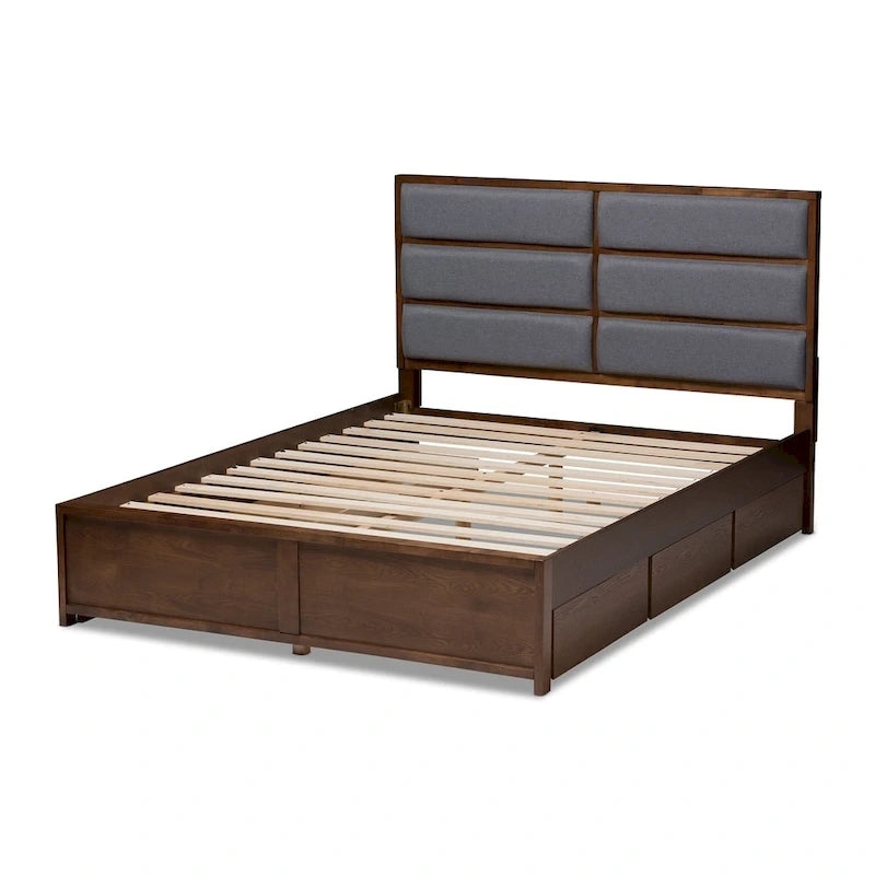 Strick & Bolton Mori Contemporary Grey Fabric and Walnut Wood Storage Bed