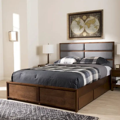 Strick & Bolton Mori Contemporary Grey Fabric and Walnut Wood Storage Bed