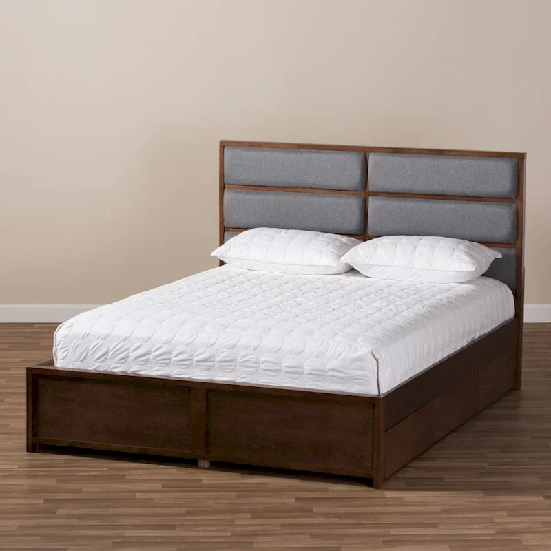 Strick & Bolton Mori Contemporary Grey Fabric and Walnut Wood Storage Bed