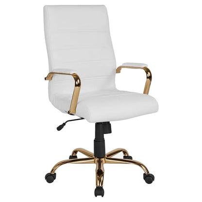 Galaxy High Back Horizontal Stitching White Leather Executive Adjustable Swivel Office Chair with Gold Frame