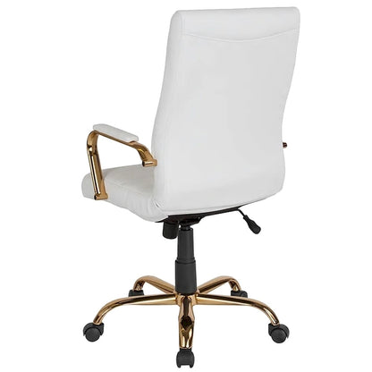 Galaxy High Back Horizontal Stitching White Leather Executive Adjustable Swivel Office Chair with Gold Frame