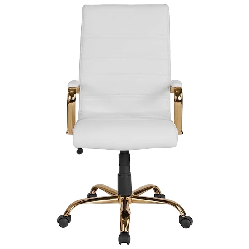 Galaxy High Back Horizontal Stitching White Leather Executive Adjustable Swivel Office Chair with Gold Frame