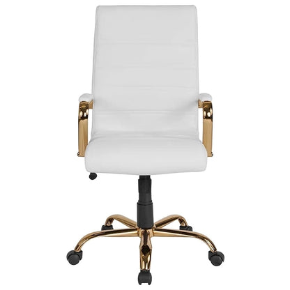 Galaxy High Back Horizontal Stitching White Leather Executive Adjustable Swivel Office Chair with Gold Frame