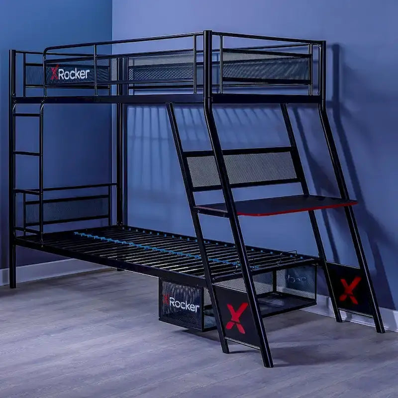X Rocker Armada Twin Gaming Bunk Bed with Built-In Gaming Desk, Black