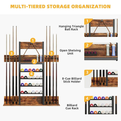 Moasis 8-Cue Wall Mounting Billiard Rack with 24-Ball Storage Rack